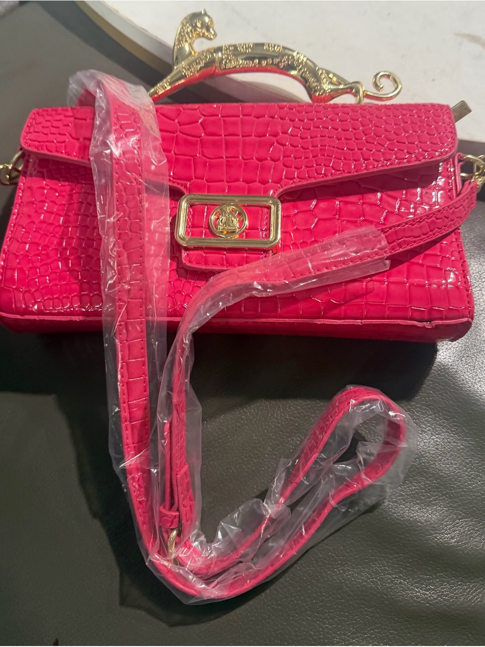 Faux Croc Embossed Crossbody Bag - Hot Pink